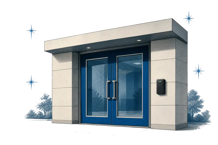 Atomic-age illustration of commercial doors and access hardware