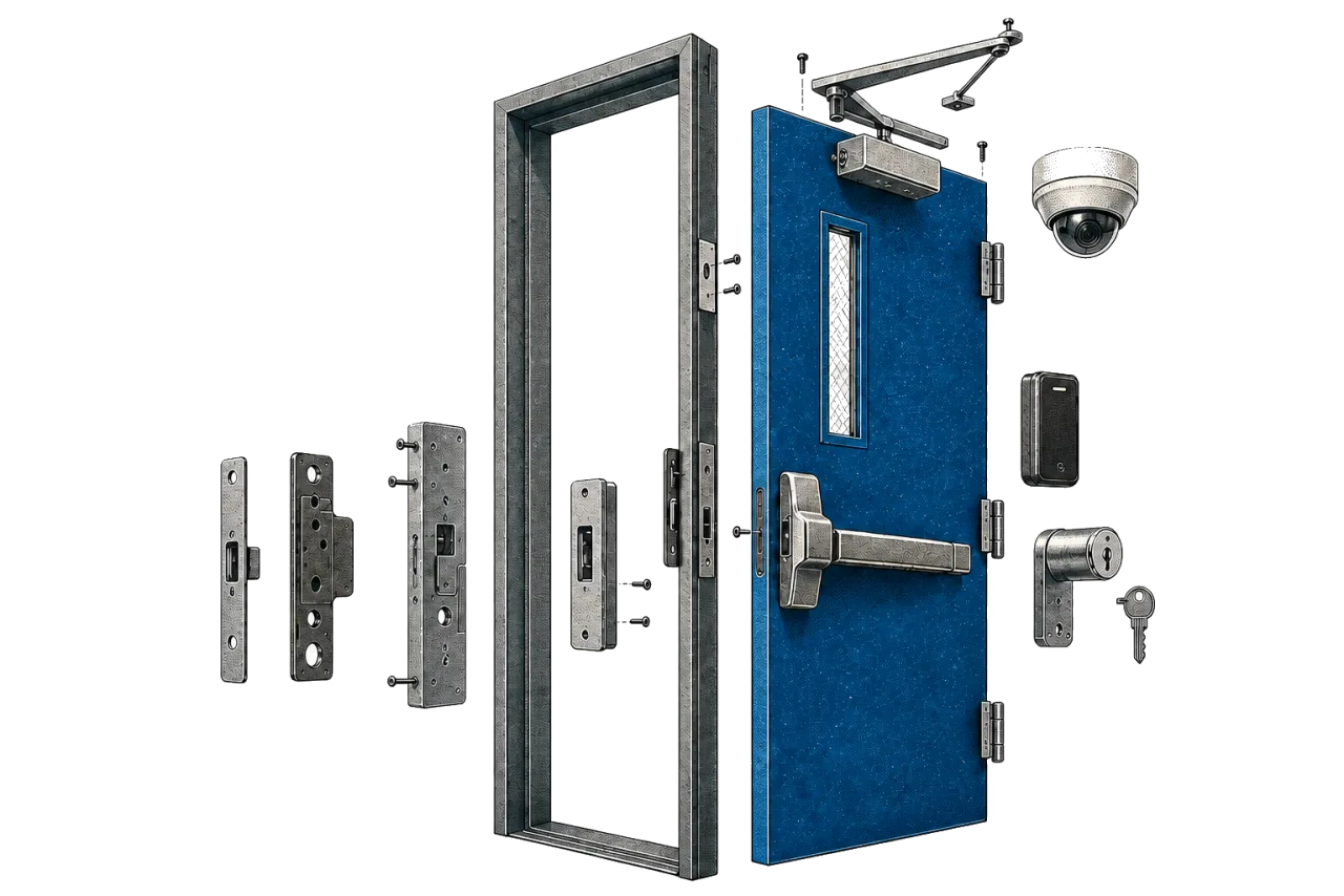 Exploded view of the parts around a complete commercial door opening