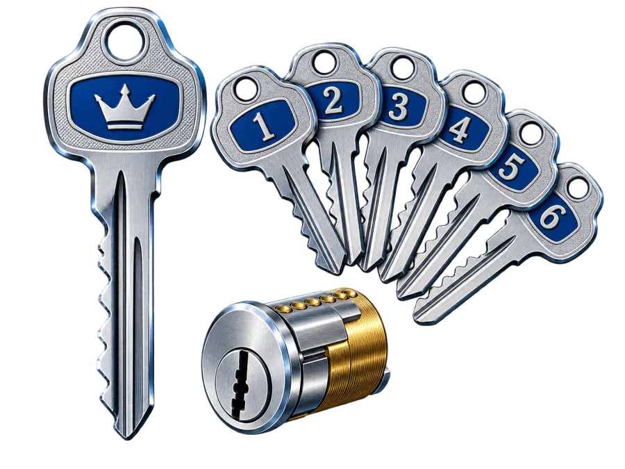 Atomic-age illustration of one master key and numbered change keys