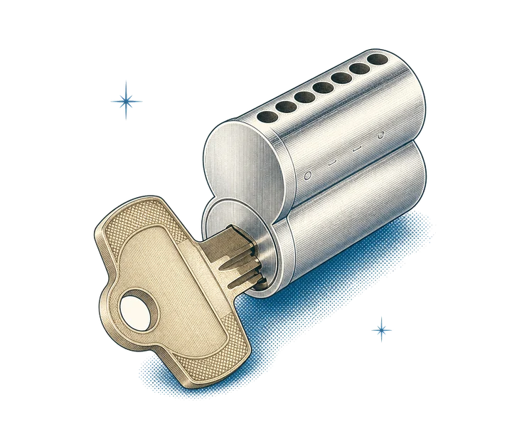 Atomic-age illustration of a small-format interchangeable core and control key